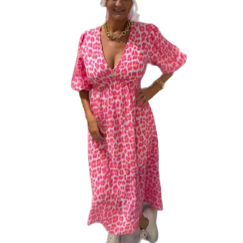 2025 European & American Style V-Neck Plus Size Printed Dress - New Summer Women's Arrivals