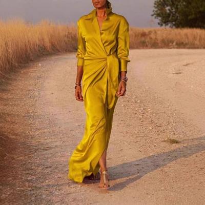 Automne Femmes Cravate Taille Haute Fente Traîne au Sol Manches Longues Revers Robes Sexy