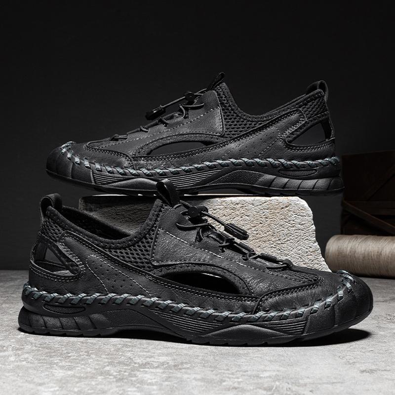 Herren-Sandalen aus Mikrofaser-Leder, handgenäht, atmungsaktives Mesh, lässig, weich