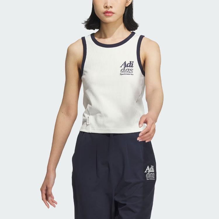 Adidas Logo Embroidered Colorblock Round Neck Sports Tank Women Tops Han-Jade-White JI6881