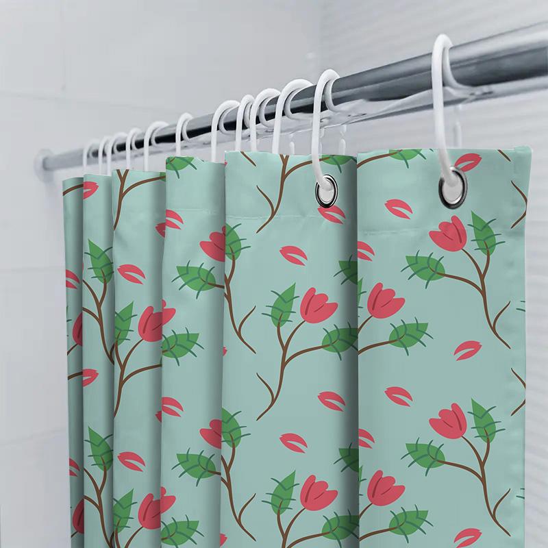 Bright Floral Shower Curtain For Bathroom Decor Green Leaves Red Flowers Pattern, Quick Dry Fabric Waterproof Shower Curtains Se