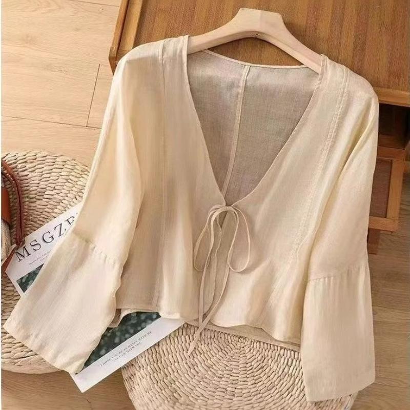 Retro Artistic V-Neck Cotton Linen Belted Open Sun Protection Summer Pure Color Outer Thin Linen Shirt Women's Top