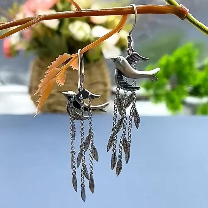 Swallow Willow Leaf Earrings High-End Tassel Long Earrings Women'S Literary Retro Temperament Earrings