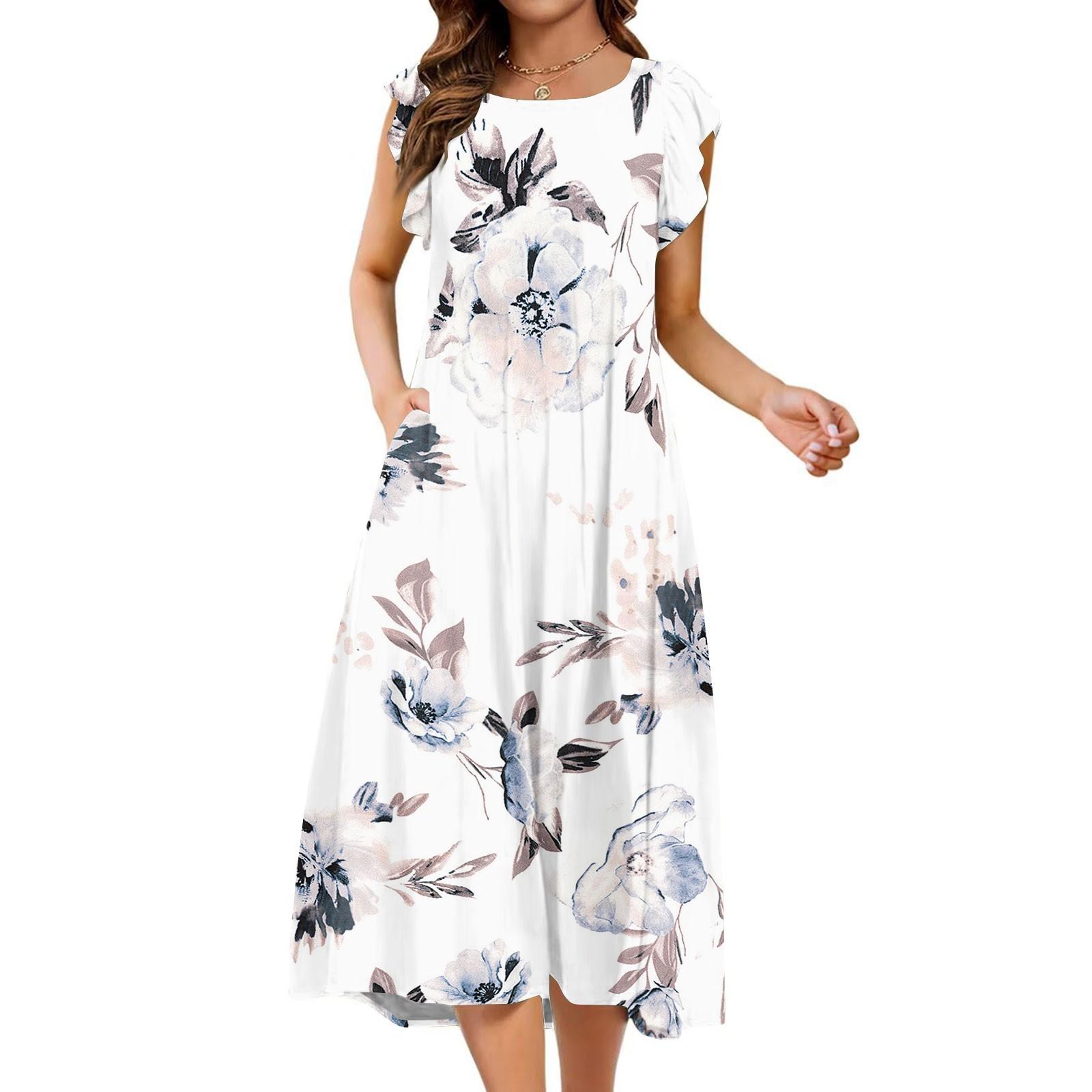 

Женское цельное платье с короткими рукавами, расклешенными рукавами, свободного покроя, с круглым вырезом XL белый