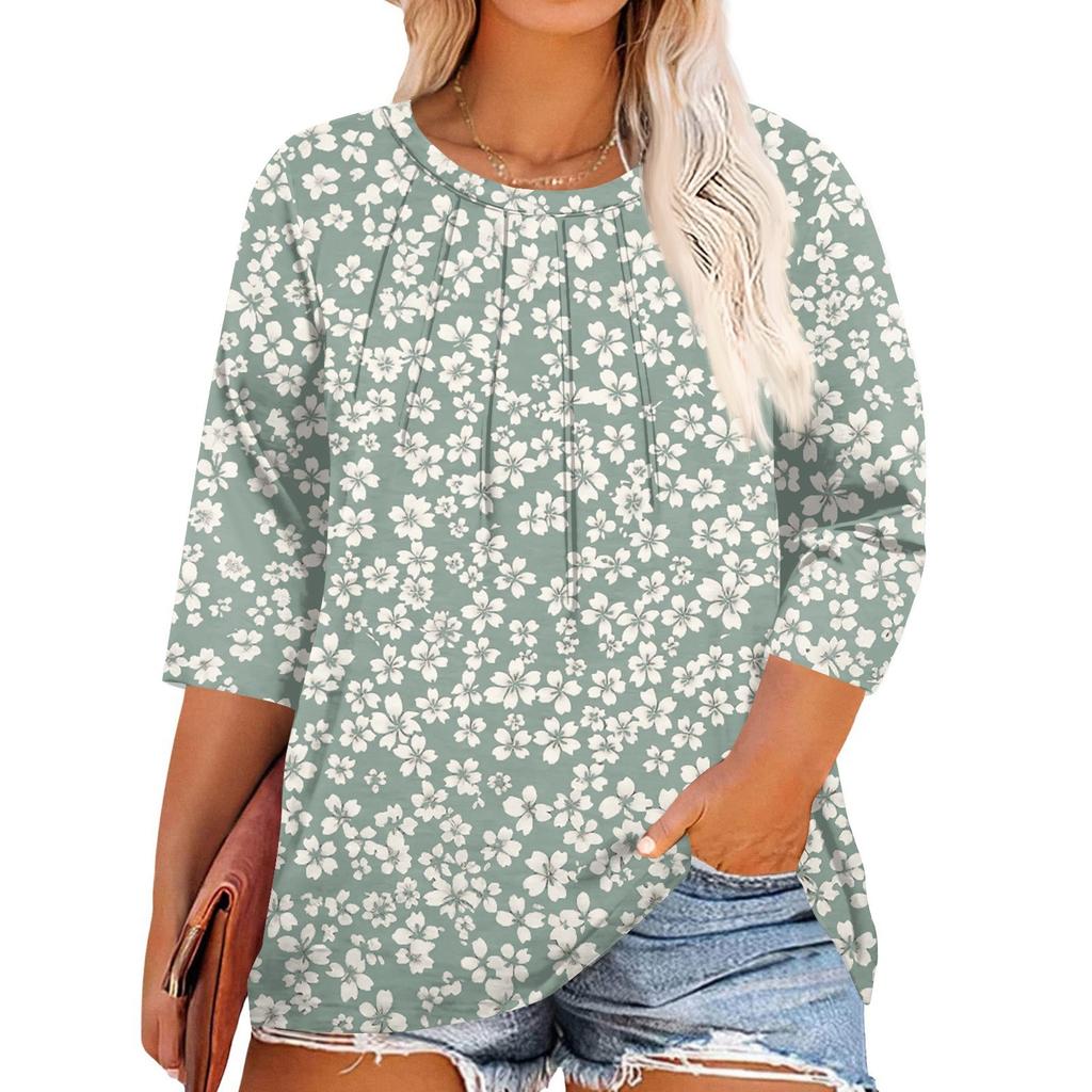 Women's Print Round Neck Plus Size Tops 3/4 Sleeves Elegant Shirt Tops