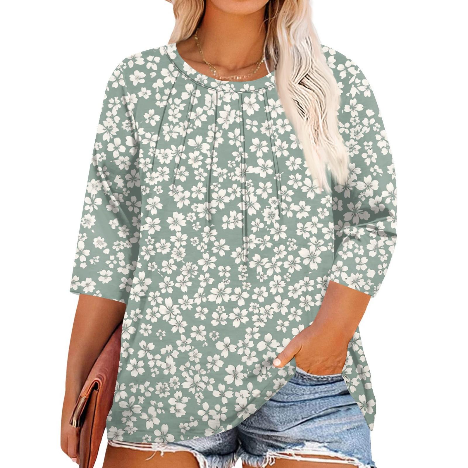 

Women s Print Round Neck Plus Size Tops 3/4 Sleeves Elegant Shirt Tops XXL