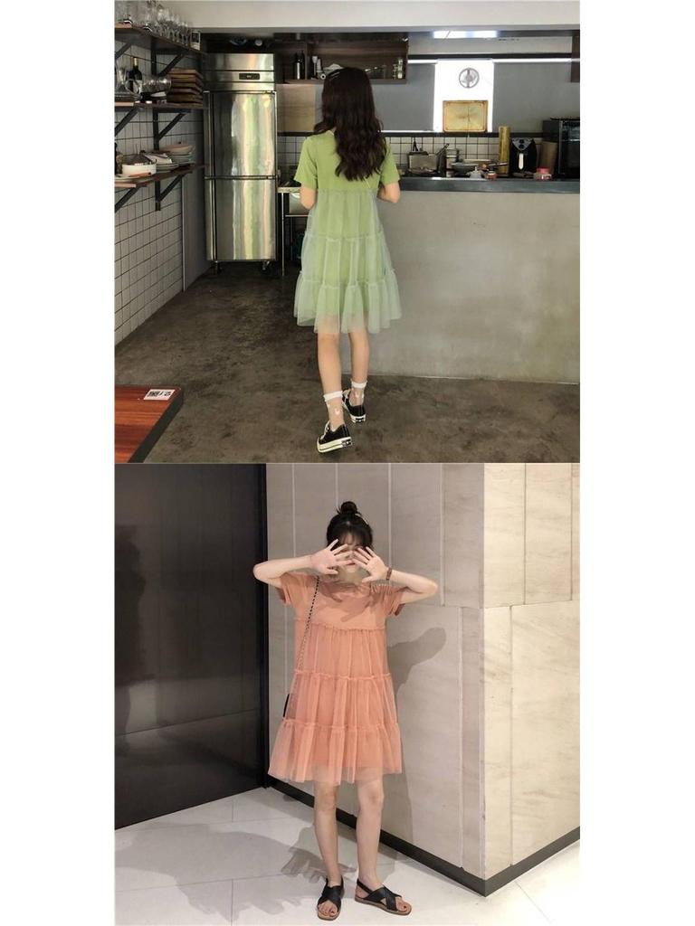 Summer 2023 Korean-Style Maternity Patchwork Dress – Loose Fit, Fresh, Sweet, and Fairy-Themed with Short Sleeves.