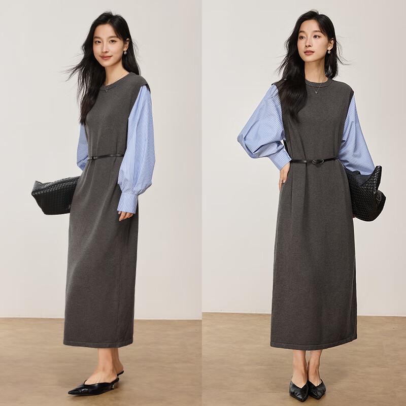 VICTORIA&VERA Women's Faux Two-Piece Slit Midi Shirt Dress