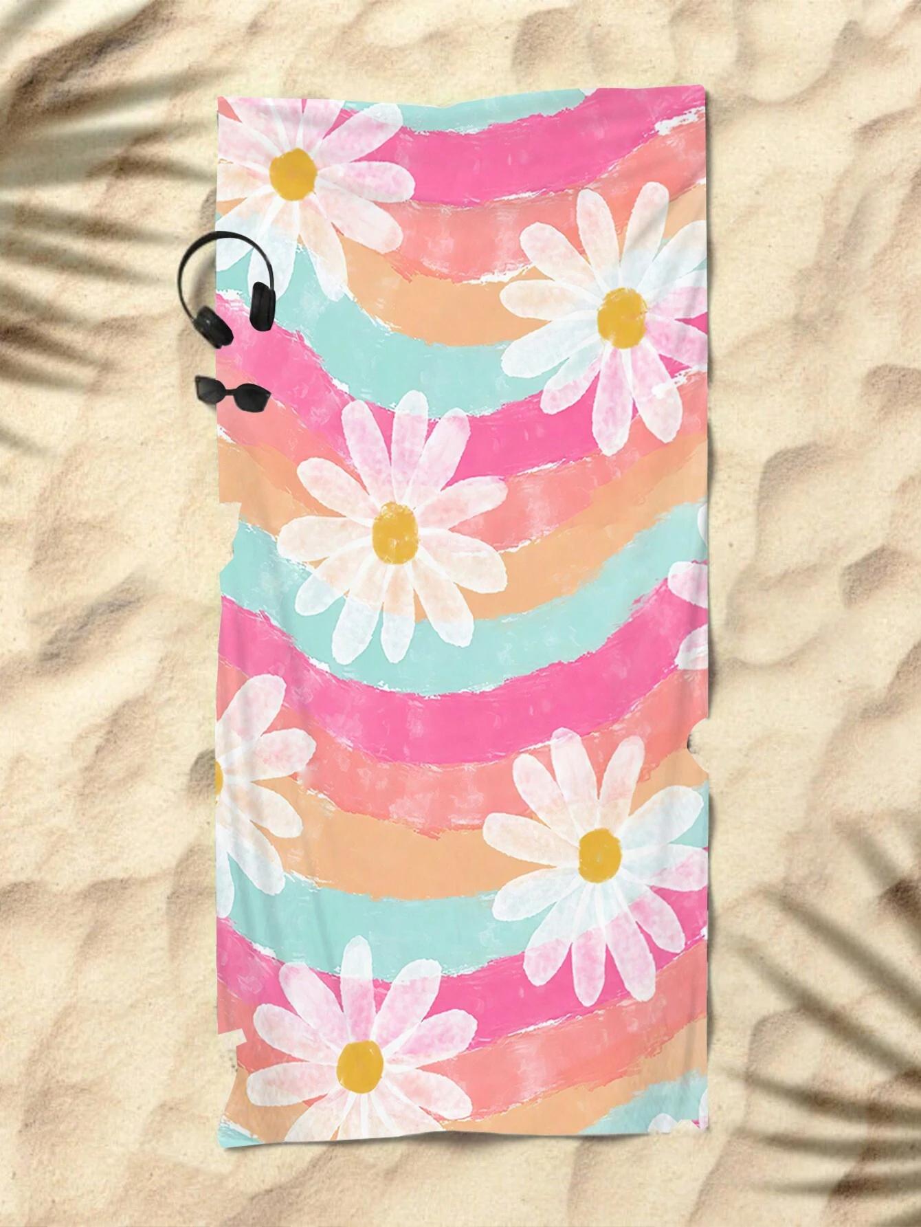 

1pc Rainbow Daisy Hand-painted Beach Towel Polyester 2D Flat Quick Dry Soft Lightweight Gift for Swimming Camping Surfing Unisex W40*H60(CM)