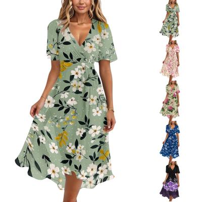 Women's Casual V Neck Short Sleeve Floral Print Dress Midi Length Lightweight Summer Dress with Elastic Waist and Flared Skirt