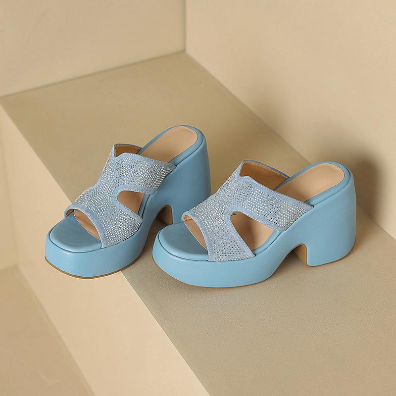 

10.5CM ultra-high heel waterproof table cool slippers niche fashion outer wear thick-soled thick heel one pedal casual cool leather shoes 39 синий