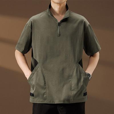 Summer High Street Cool Men's Polo Shirt Thin Short Sleeve T-Shirt Loose Ice Silk Collarless Shirt Japanese Style Loose Fit
