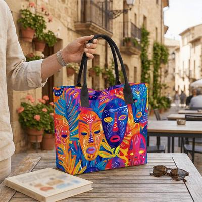  Colorful African Mask Print Tote Bag Portable Casual Large Capacity Daily Shoulder Handbag