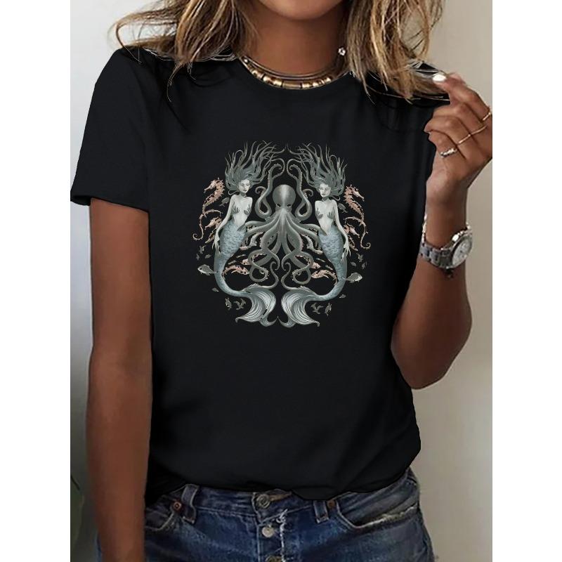 

European size symmetrical scene with mermaids women s T-shirt with comfortable fit 4XL чорний