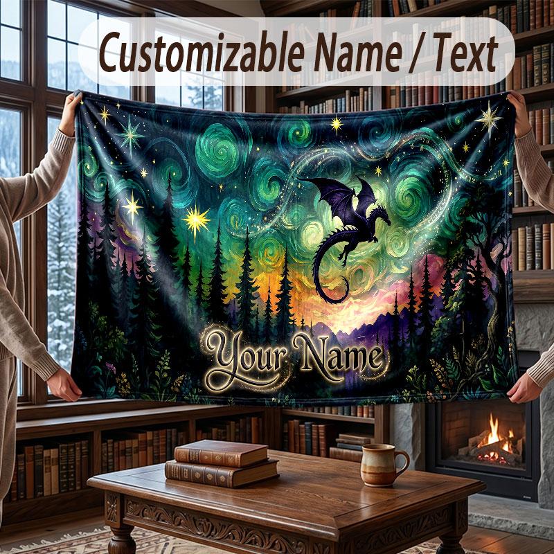 Dragon Theme Throw Blanket Custom Name Text Personalized Blanket Soft Cozy Blanket for Home Sofa Bed