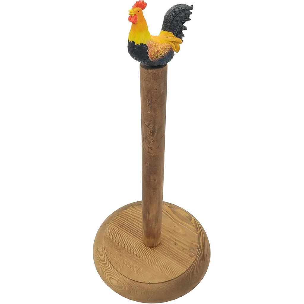 Rooster Design Rustic Brown Wood Paper Towel Holder Stand Up Paper Towel Holder, Easy One-Handed Tear Kitchen Paper Towel Dispenser with Weighted
