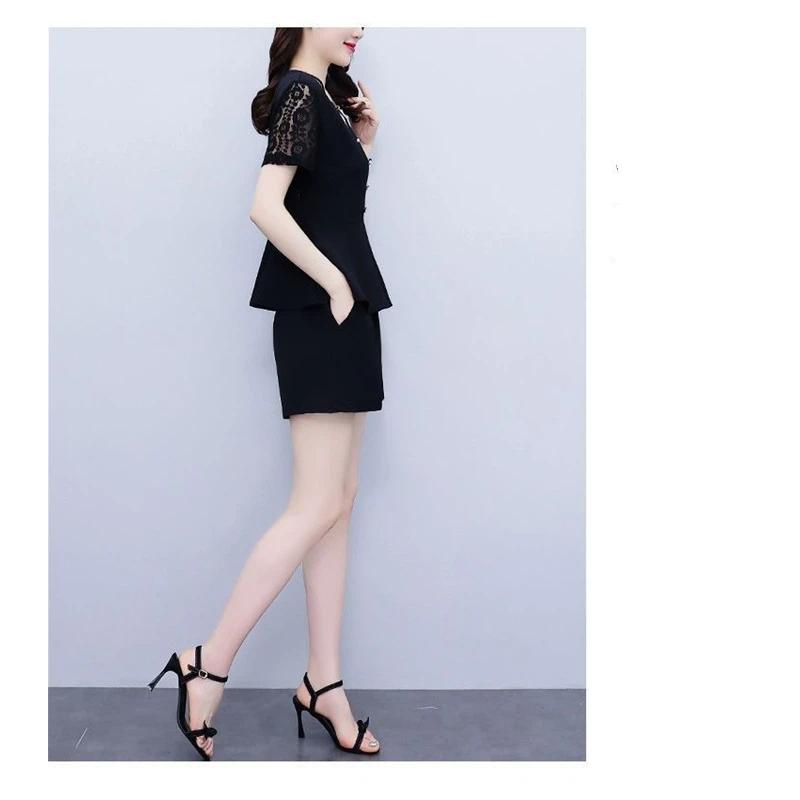 Women's Plus Size 2-piece Lace Trimmed V-neck Top And Shorts Slim Fit Summer Set Pure Black