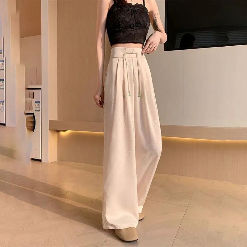 Summer Jacquard Wide-Leg Pants Women's High Waist Casual Pants Black Spring Autumn Fashion Trousers