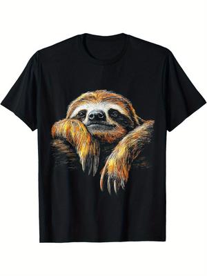 Sloth Animal Drawing Print Graphic Tee Black Cotton Round Neck Casual Short Sleeve T-Shirt