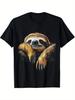 Sloth Animal Drawing Print Graphic Tee Black Cotton Round Neck Casual Short Sleeve T-Shirt