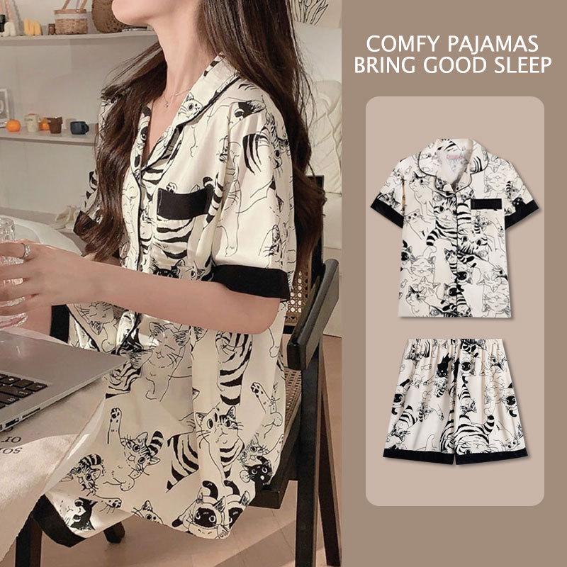 Women's Cartoon Cat Pajama Set - Summer Cardigan, Short Sleeve, Shorts, Loose Plus Size Loungewear