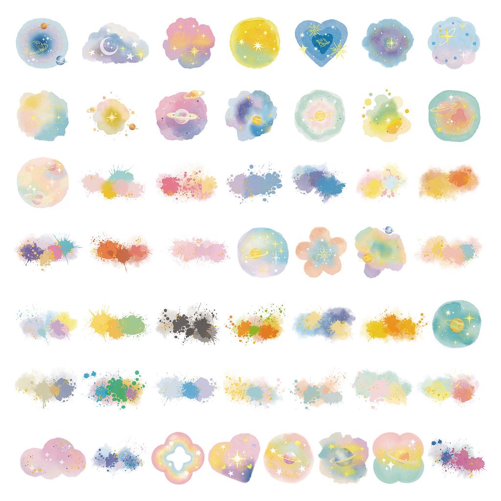 50 Pieces of Watercolor-blended Starry Sky Pet Stickers, Dreamy Colored Ink Planet Transparent Sticker Art