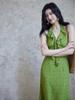 Er Yang Design French Floral Green Halter Neck Maxi Dress, V-neck Sleeveless Long Dress for Women