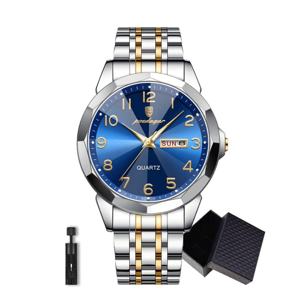 POEDAGAR 1pc Business Men's Stainless Steel Quartz Waterproof Luminous Watches, Dual Calendar Display, Men Gift