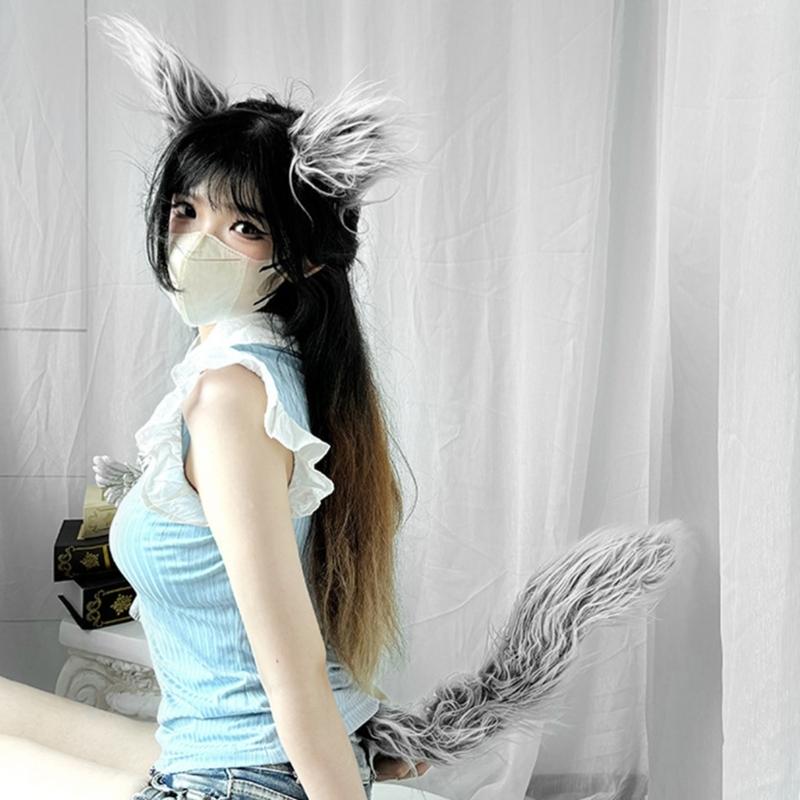 Wolf Tail Adjustable Belt Foxes Ears Hairband Plush Animal Tail Halloween Cosplay Accessories for Carnivals Parties