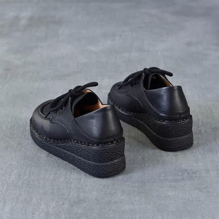 Johnature Genuine Leather Wedges Shoes Versatile Comfortable Soft Soled Lace-up Four Seasons Shoes