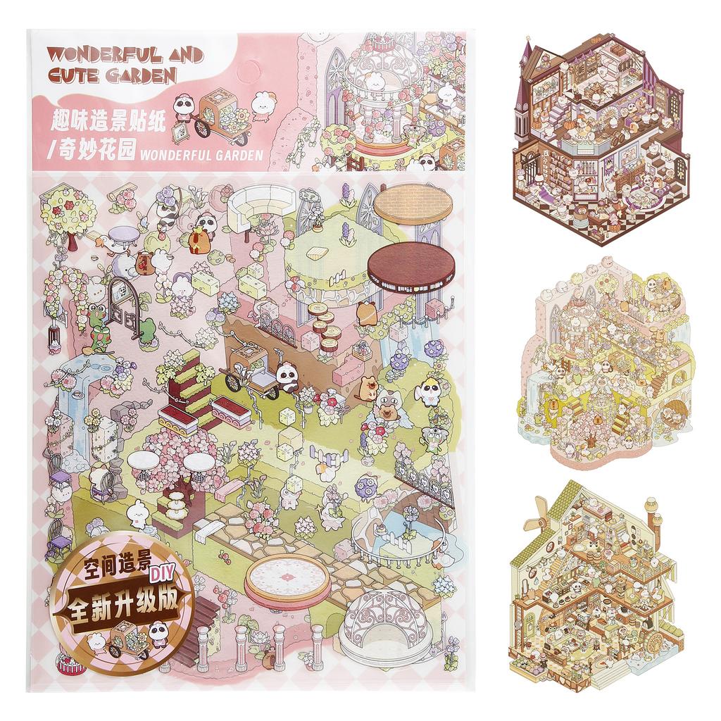 Livro de Adesivos de Cenário de Papel com 4 Peças Alívio do Estresse Cena de Adesivos 3D Estimular a Imaginação Livro de Paisagismo Miniatura 3D para Crianças