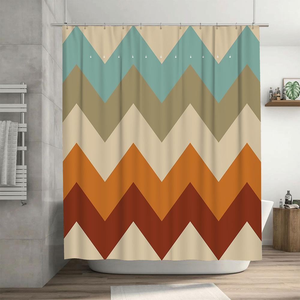 Duschvorhang Wasserdicht Bauernhaus Küstenblau Beige Streifenmuster Stoff Dekor Badezimmer Set