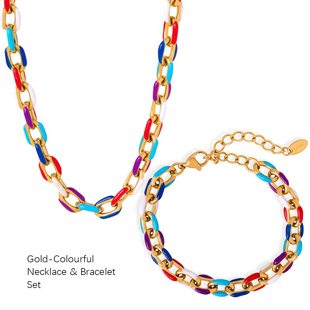 Colourful Enamel Necklace Bracelet For Women Stainless Steel 18K Gold Plated Waterproof Women's Neck Chain Bracelets Zircon Set