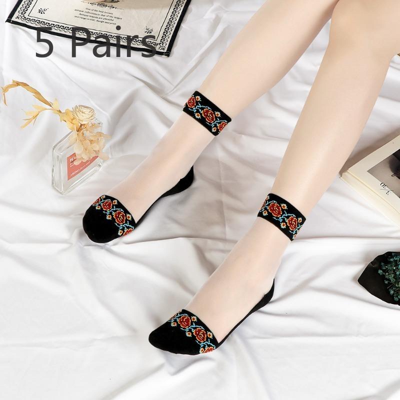 5 Pairs Women's Spring and Summer Thin Retro Anti Skid Crystal Cotton Bottom Medium Tube Ice Stockings