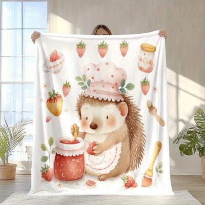 1 Cute Hedgehog and Dessert Pattern Flannel Blanket Soft and Warm Perfect for Sofas Beds Chairs Camping and As a Holiday