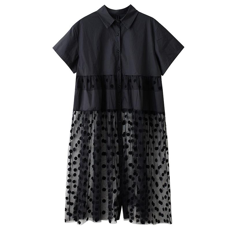 Manches courtes Grande taille Vintage Coton Maille Patchwork Nouveauté Robes pour femmes Décontracté Lâche Long Robe chemise d'été