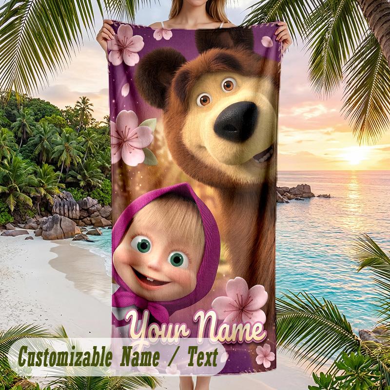 Masha and the Bear Beach Towel, Personalized Custom Text, Quick Dry Soft Large Towel For Swimming Pool Travel