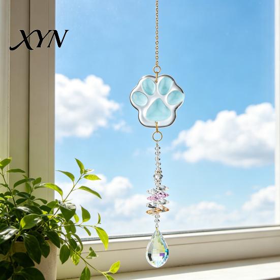 Wind Chime Pendant Crystal Cat Paw Chimes, Suncatchers for Windows Hanging, Multi-color Beaded Prism Rainbow Maker Indoor Outdoor Home Garden