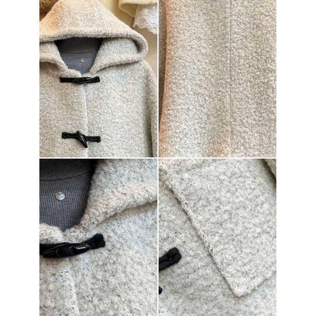 Korean Style Quilted Woolen Hooded Coat with Horn Buttons - Versatile Winter Wear
