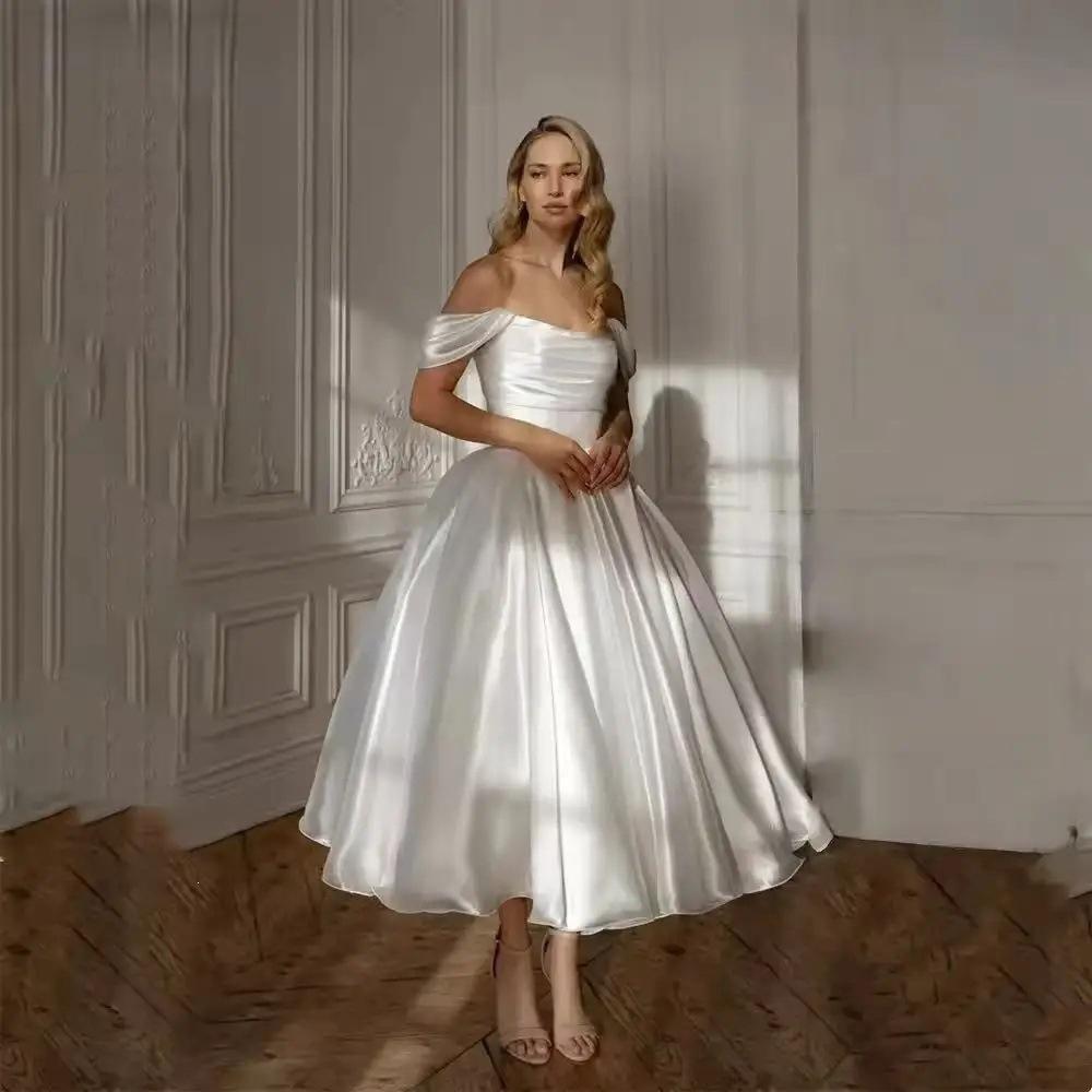 One-word Shoulder Travel Photo Light Wedding Dress with Strap-up Dress 11 New Simple Solid Color Temperament Banquet Dress Fluffy Skirt