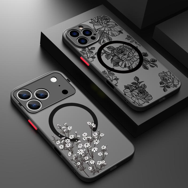 Magnetic Simple Flower Phone Case For iPhone 17 15 16 Pro Max 14 13 Pro 17 For Magsafe Wireless Charge Soft Edge Hard PC Cover