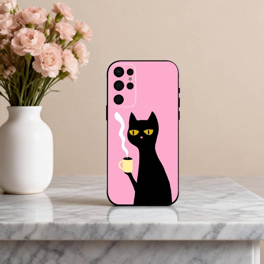 S-Striped C-Coffee Cat Phone Case For Samsung S25,S24,S21,S22,S23,S30,Ultra,S20,Plus,Others Soft Black Cover