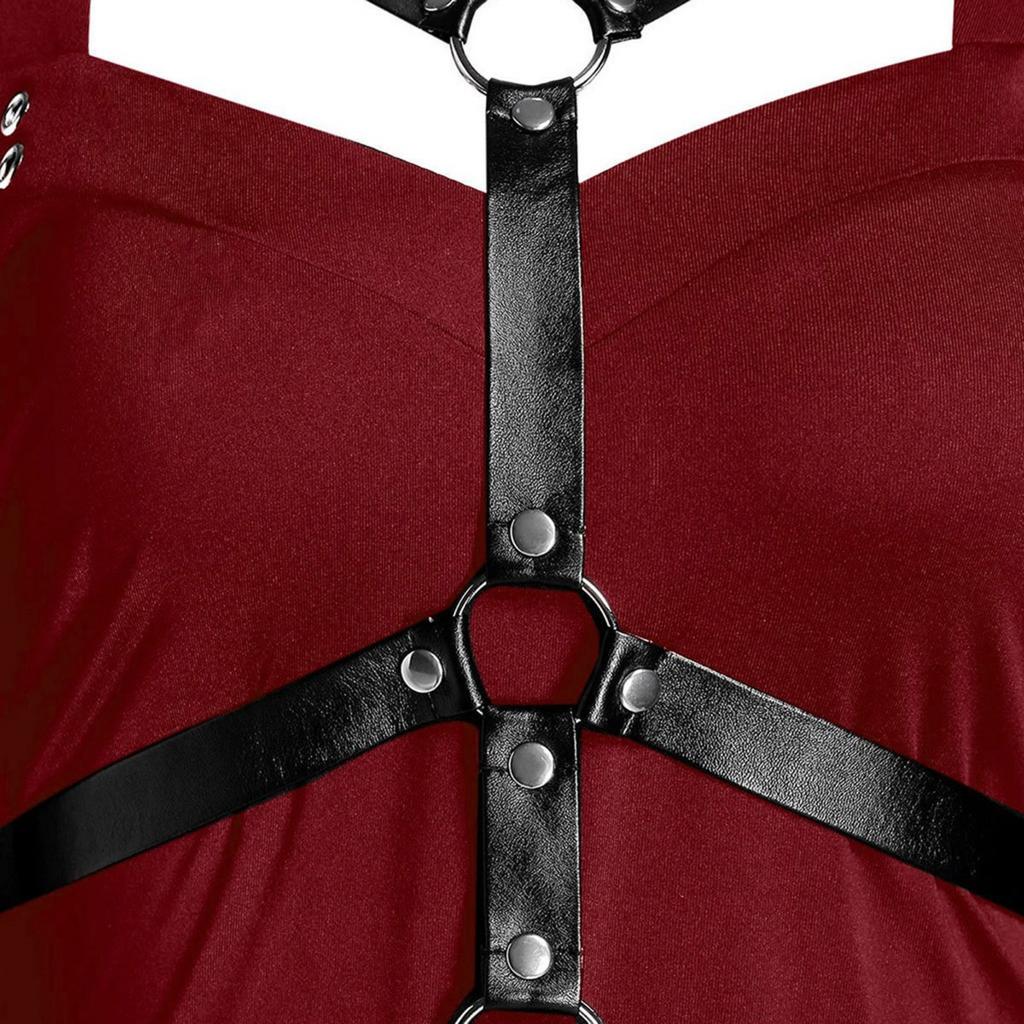 Gothic Asymmetrical Patchwork Halloween Witch Suspender Strap Big Swing Maxi Dress for Women