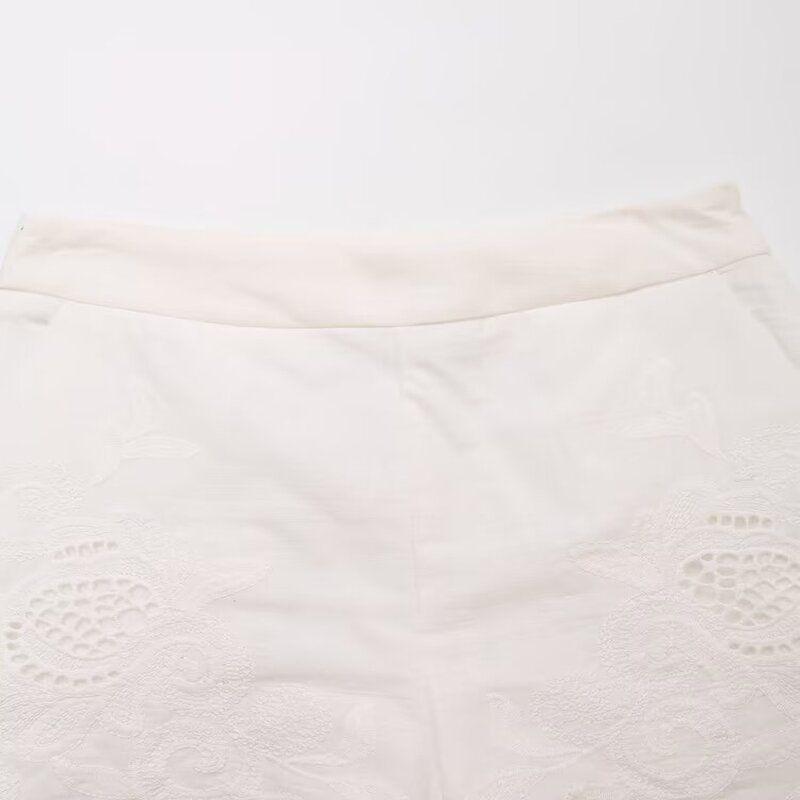 Fashion Style 2024 Autumn New Women's Clothing Stylish White Hollow-out Print High Waist Shorts 2731242