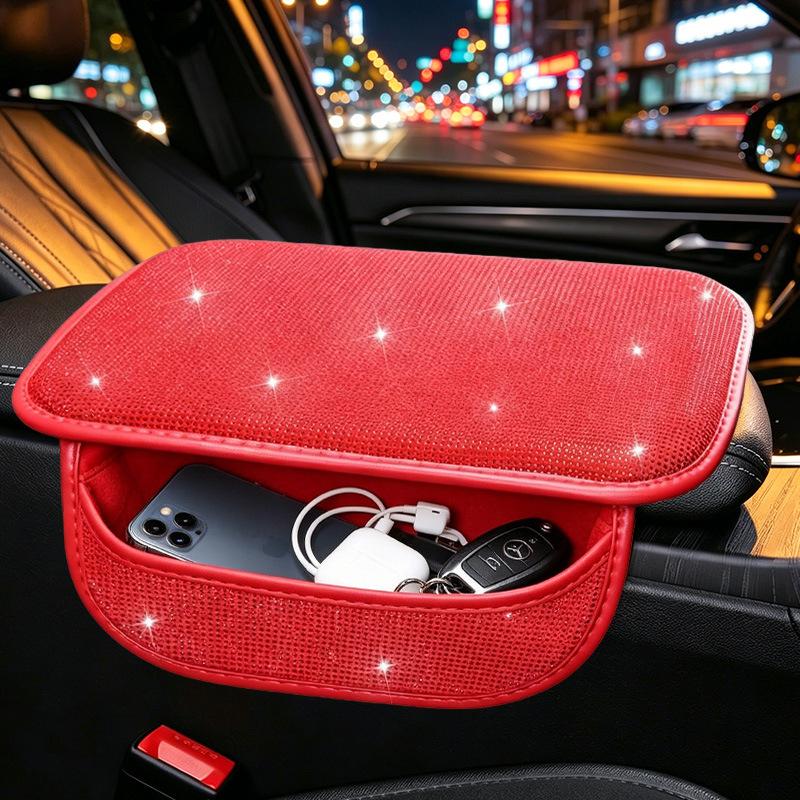 Bling Car Armrest Box Cushion With Side Phone Pocket Rhinestones Auto Center Console Protector Pad For Women Interior Accessorie