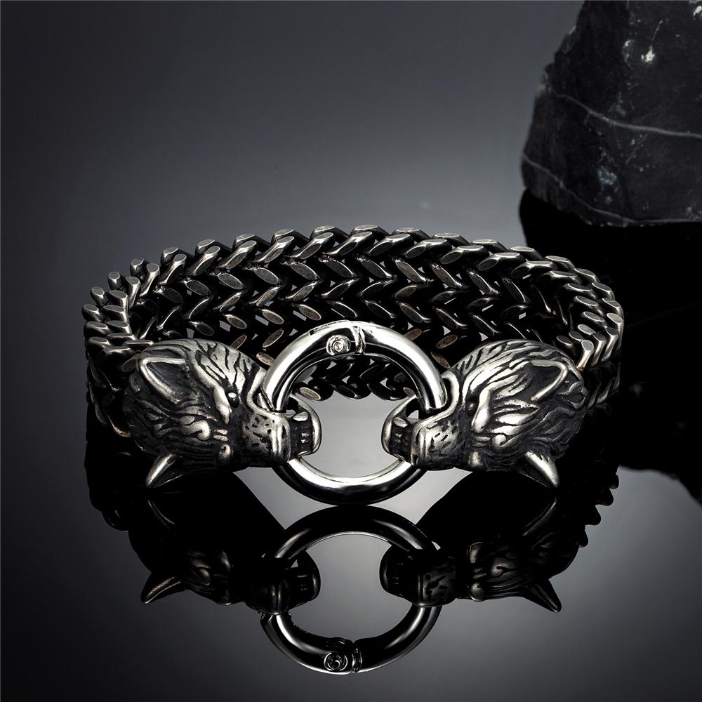 Bracciali Punk Vichinghi Norreni Testa di Lupo Catena a Rete in Acciaio Inossidabile Colore Oro Braccialetto Amuleto Nero Antico Gioielli Accessori Maschili