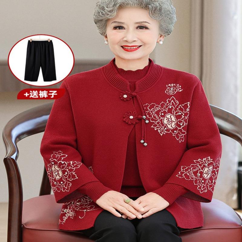 Grandma's Autumn Sweater Cardigan Middle Elderly Clothes Female Old Lady Two-piece Suit Year-old 0 Mother Coat