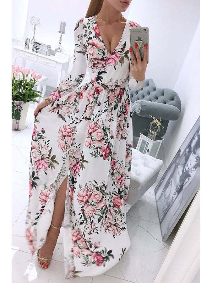 2024 Boho V-Ausschnitt Chiffon Druck Langarmkleid für Damen