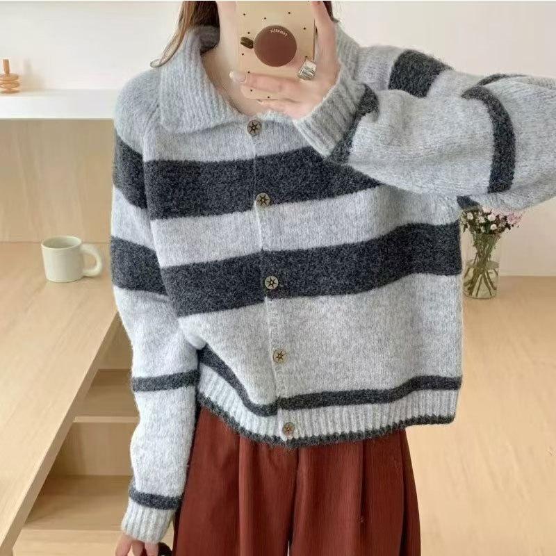 Retro Knitted Sweater Autumn/Winter Korean Knitted Collar Cardigan Striped Loose for Women