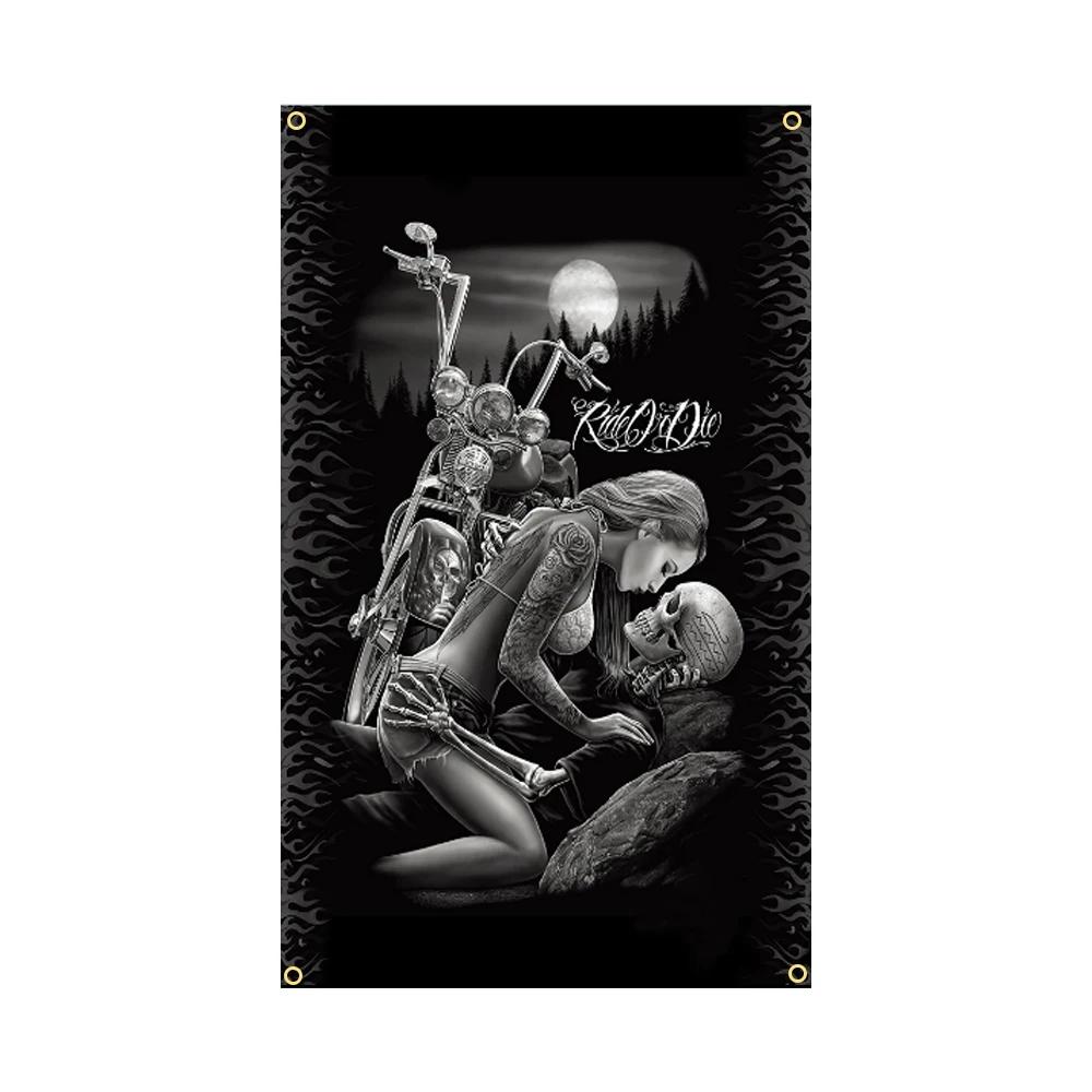 

Skull Tattoo Biker Flag Banner Sexy Lady Beauty Art Home Decoration Hanging Gromments Corners Curtain Made Of Polyester Washable W100*H70(CM)-Rod Pocket&2PCS